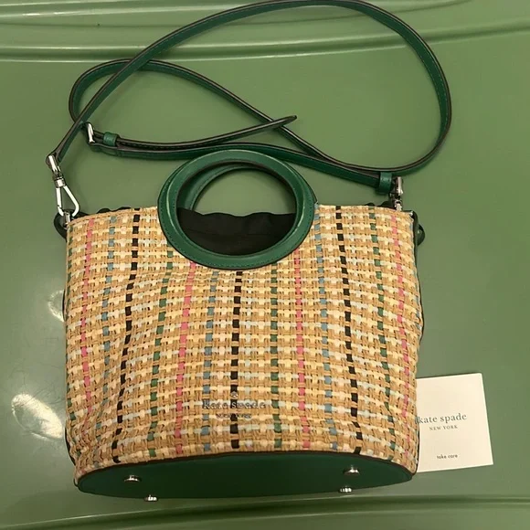 Kate Spade Jena Straw Small Tote green yellow Crossbody Drawstring Bucket Bag - Picture 3 of 12